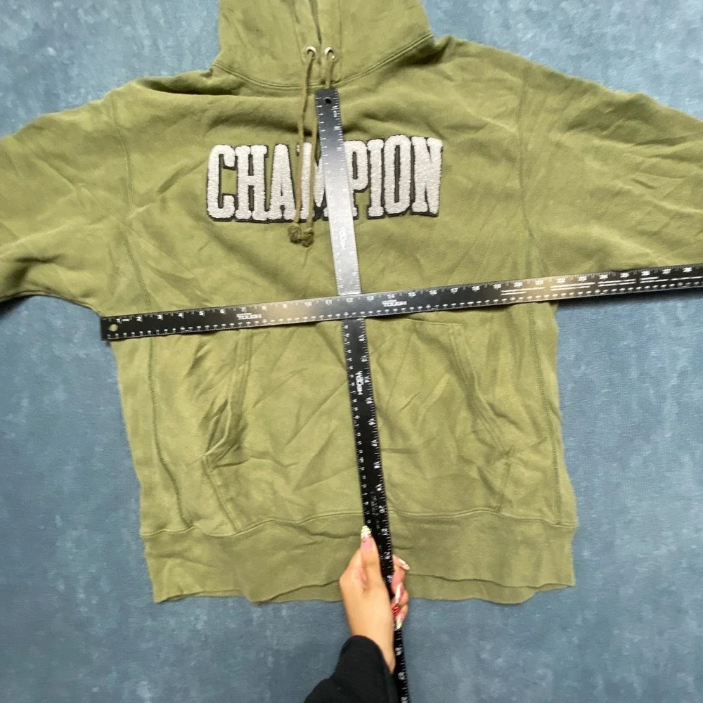VTG Champion Reverse Weave Hoodie Mens Large Olive Green Logo Drawstring